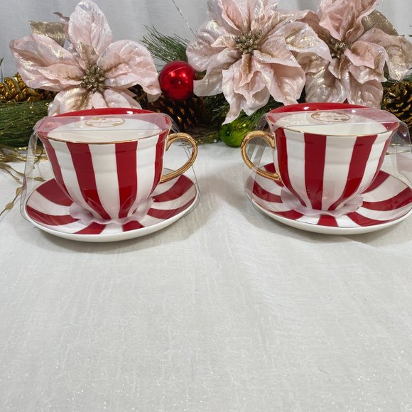Grace Teaware Fine Porcelain Holiday Red Gold WH Stripe Tea Cups & Saucers 4PC - Picture 3 of 9